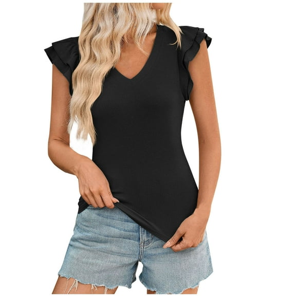 Womens V Neck Summer Tops Ruffle Sleeveless Tunic Tops V Neck Solid Color Slim Basic Comfy Going Out Tops Blouses