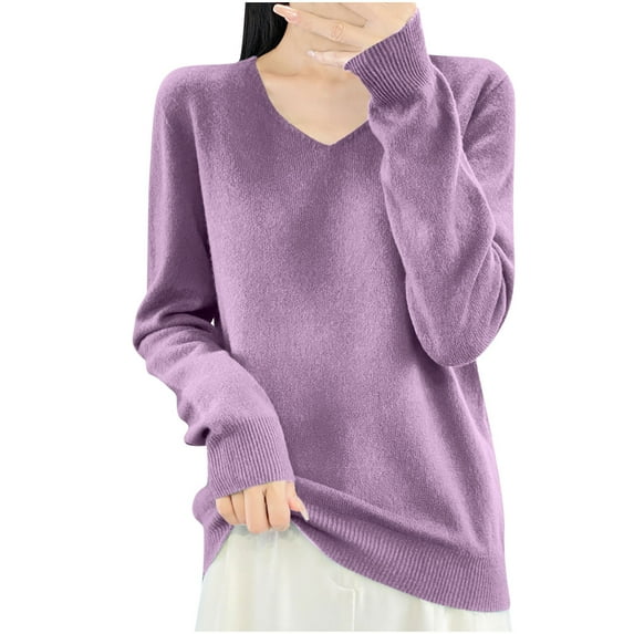 Womens V Neck Sweater, Fall Sweaters for Women Fashiong Loose Fit Solid Color Knitted Long Sleeve Pullover
