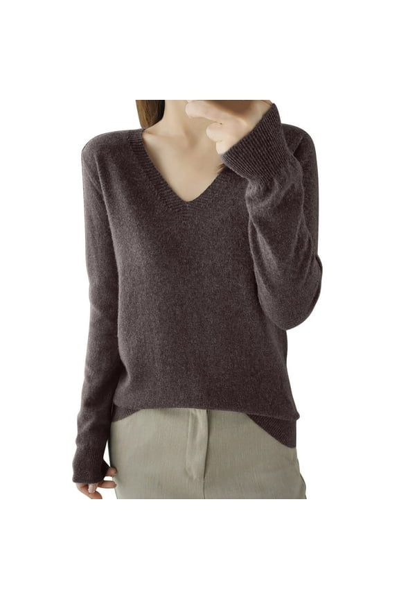 Womens V Neck Sweater, Long Sleeve Pullover for Women Fall Fashion Loose Fit Solid Color Knitted Sweaters S-2XL