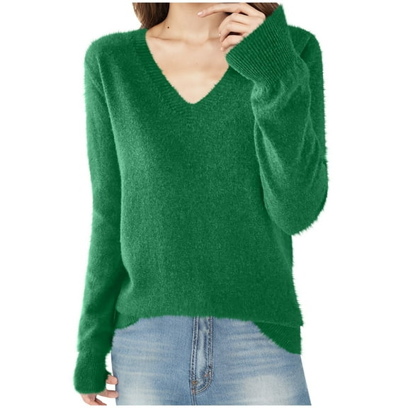 Womens V Neck Sweater, Long Sleeve Pullover for Women Fall Fashion Loose Fit Solid Color Knitted Sweaters S-2XL