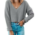 Womens V Neck Sweater Top Knit Cropped Top Shirt Long Sleeve Pullover