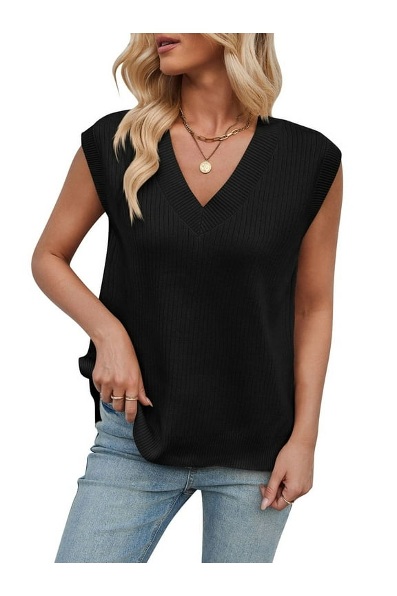 Womens V Neck Sweater Vest Oversized Ribbed Knit Sleeveless Casual Loose Fit Pullover Tank Top Black S