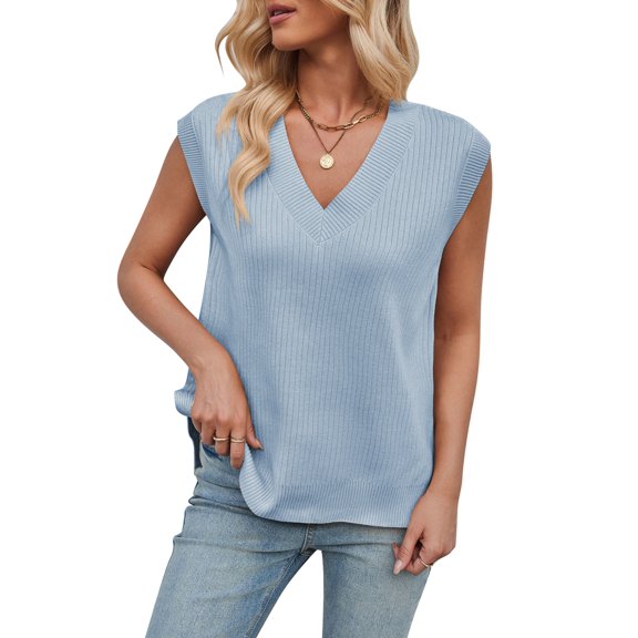 Womens V Neck Sweater Vest Oversized Ribbed Knit Sleeveless Casual Loose Fit Pullover Tank Top Sky Blue M