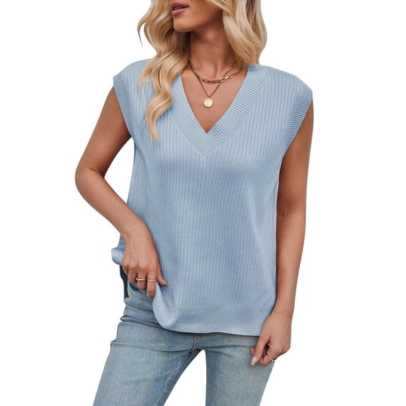Womens V Neck Sweater Vest Oversized Ribbed Knit Sleeveless Casual Loose Fit Pullover Tank Top Sky Blue XL