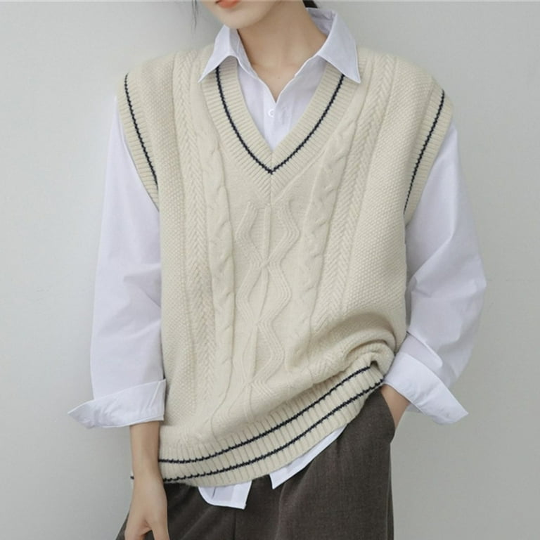 Womens V Neck Sweater Vest Oversized Sleeveless Loose Knit Tops Cable  Sleeveless Sweater B Cable Womens Preppy Sweater Oversized Sweaters Women