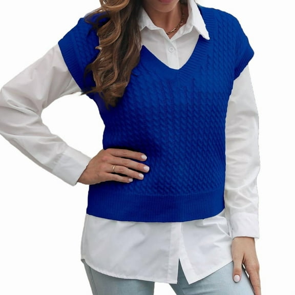 Womens V Neck Sweater Vest Ribbed Knit Casual Cap Sleeve Loose Fit Pullover Tops Fall Clothes Royal Blue M