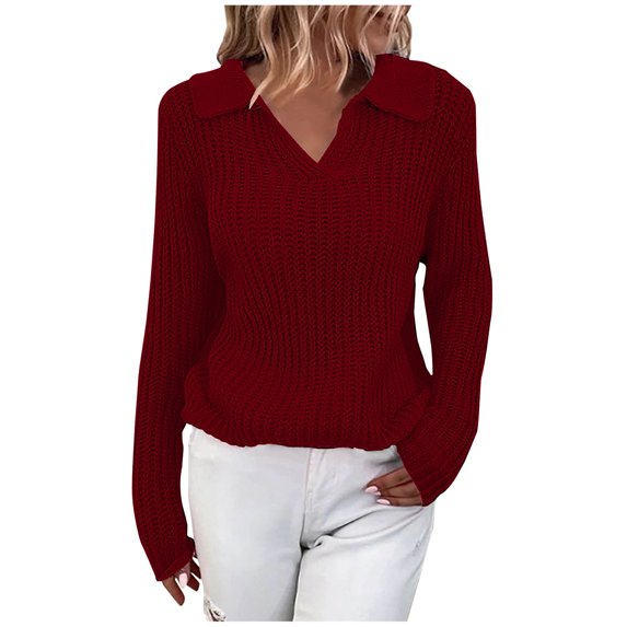 Womens V Neck Sweaters Lapel Long Sleeve Casual Soft Cozy Cable Knitted Sweater Pullover Solid Color Comfy Sweater Tops Womens Clothes