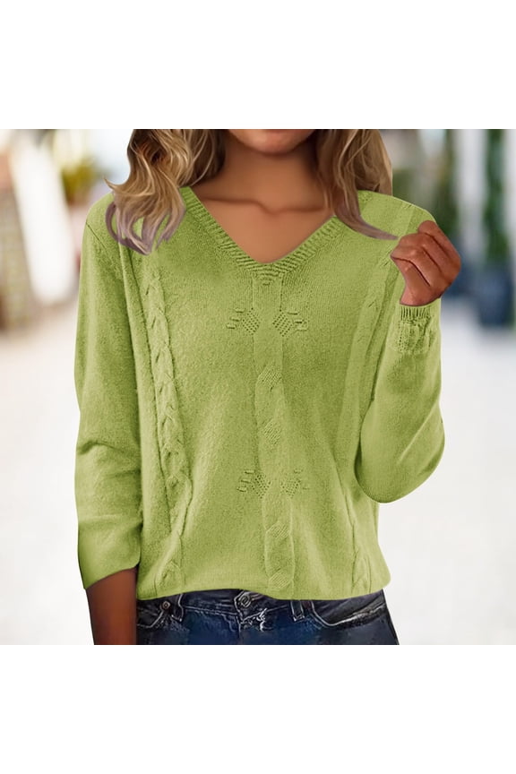 Womens V Neck Sweaters, Lightweight Long Sleeve Pullover, Casual Tops for Everyday Fall Fashion 2026 Green L
