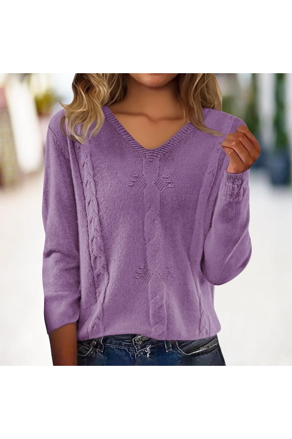 Womens V Neck Sweaters, Lightweight Long Sleeve Pullover, Casual Tops for Everyday Fall Fashion 2026 Purple 2XL