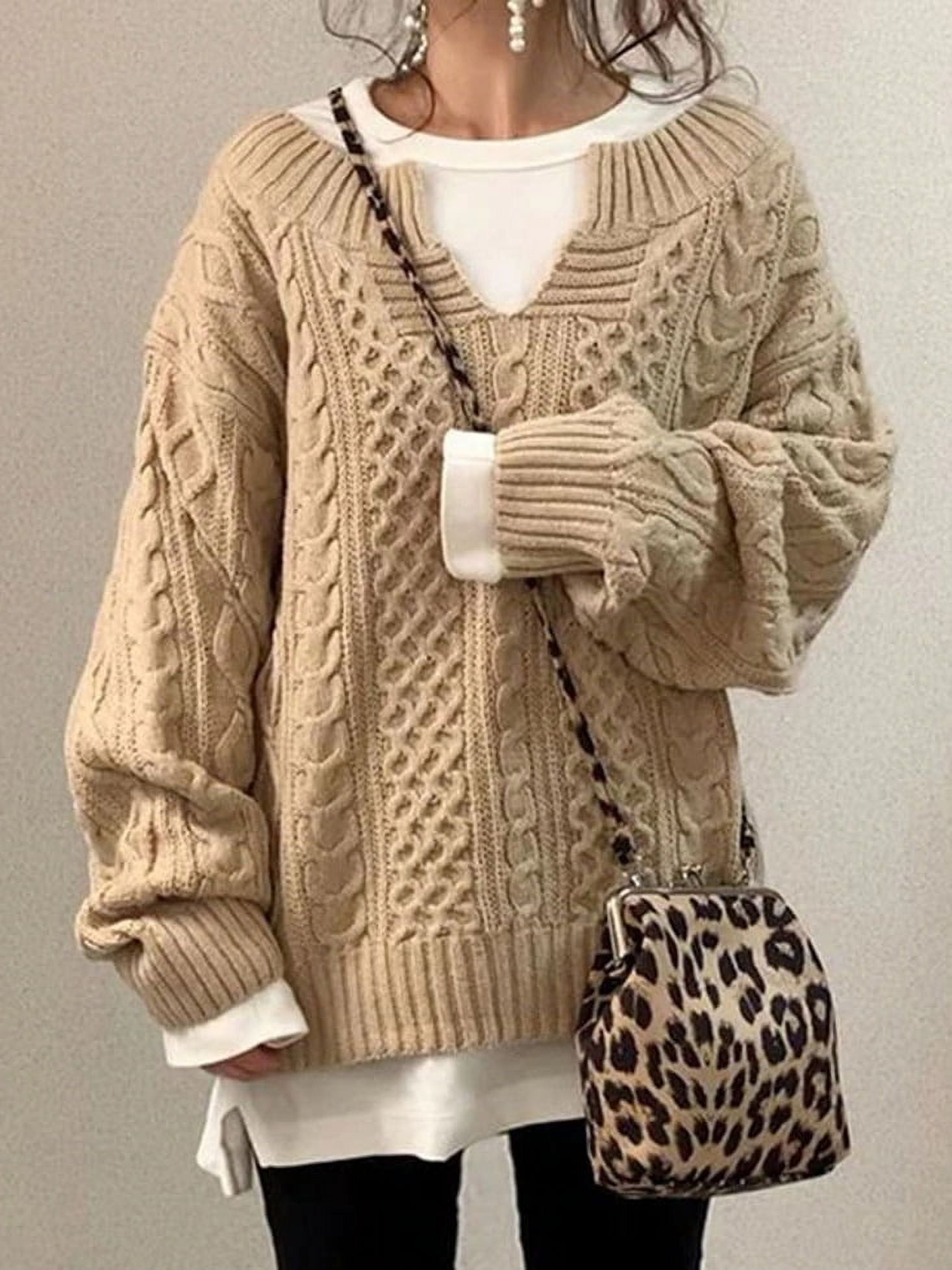 Womens V Neck Sweaters Long Sleeve Cable Knit Pullover Jumper Tops