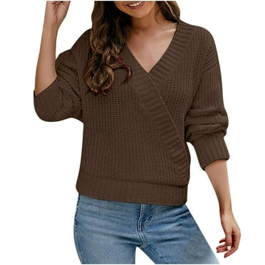 Womens V Neck Sweaters Long Sleeve Cozy Cable Knit Wrap Tops Casual Plain Pullover Jumpers Fall Winter Clothes (L, Coffee)
