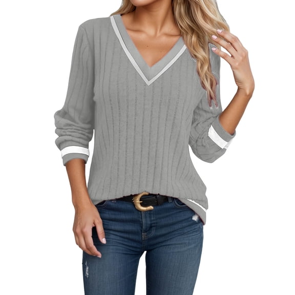 Womens V Neck Sweaters Long Sleeve Lightweight Color Block V-Neck Knitted Shirts Fall Winter Fashion Casual Slim Fit Blouses Tops