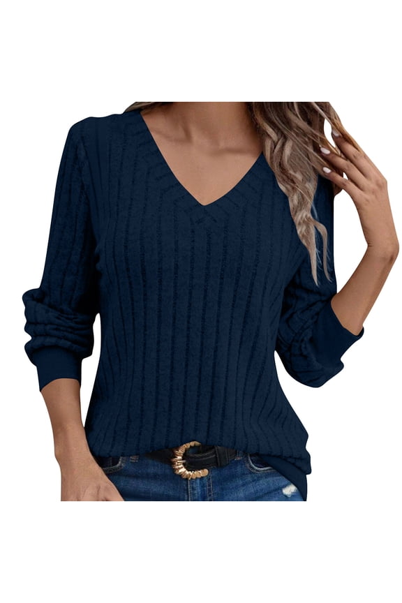 Womens V Neck Sweaters, Long Sleeve Pullover for Women Fall Fashion Loose Fit Ribbed Solid Color Thin Sweater S-2XL