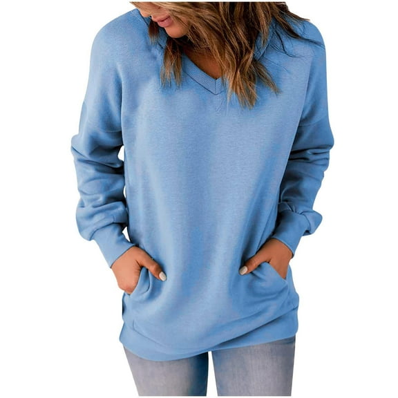 Womens V Neck Sweatshirt Long Sleeve Solid Casual Loose Fit Tops Blouses with Pockets Soft Comfy Pullover Tops Shirts