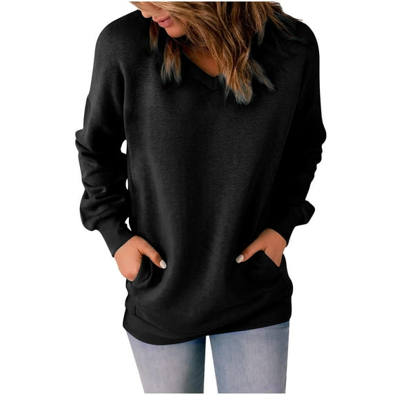 Womens V Neck Sweatshirt Long Sleeve Solid Casual Loose Fit Tops Blouses with Pockets Soft Comfy Pullover Tops Shirts