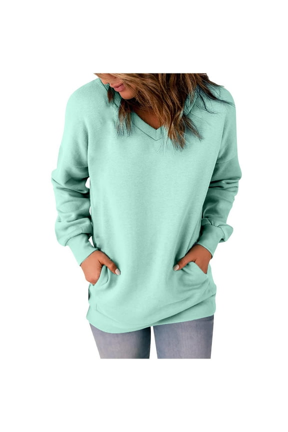 Womens V Neck Sweatshirt Long Sleeve Solid Casual Loose Fit Tops Blouses with Pockets Soft Comfy Pullover Tops Shirts