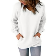 BLVB Womens V Neck Sweatshirt Long Sleeve Solid Casual Loose Fit Tops Blouses with Pockets Soft Comfy Pullover Tops Shirts