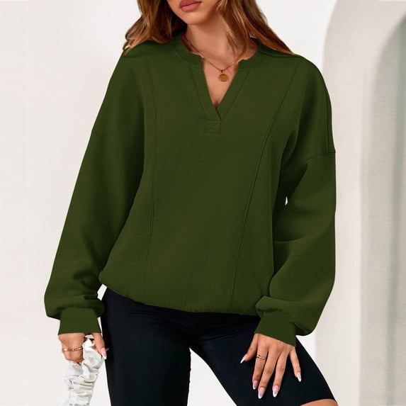 Womens V Neck Sweatshirts Fleece Lined Pullover Casual Loose Fitting Long Sleeve Hoodless Tops Fall Winter Clothes Streetwear Green L