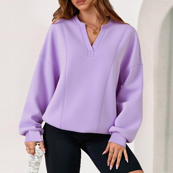 Womens V Neck Sweatshirts Fleece Lined Pullover Casual Loose Fitting Long Sleeve Hoodless Tops Fall Winter Clothes Streetwear Light Blue M