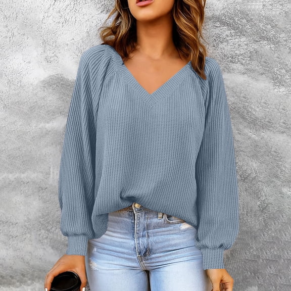 Womens V Neck Sweatshirts Knitted Long Sleeve Solid Color Waffle Pullover Oversized Casual Loose Clothing (M, Blue)