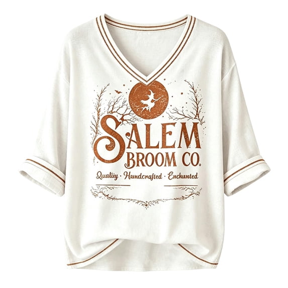 Womens V Neck Sweatshirts Retro Broom Witch Theme Graphic 3/4 Sleeve Pullover Loose Casual Halloween Fall Daily Festival Top White XXXXL