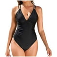 thumbnail image 1 of Womens V Neck Swimsuits Strappy Athletic One Piece Ruched Bathing Suit Solid Color Summer Swim Beachwear (L, Black), 1 of 7