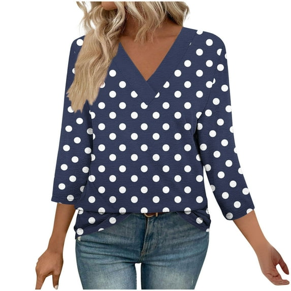 Womens V Neck T Shirt, 3/4 Sleeve Shirts for Women Fall Fashion Polka Dots Printed Dressy Blouses Summer Tops S-2XL