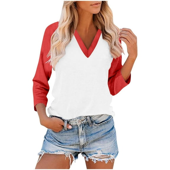 Womens V Neck T Shirt, 3/4 Sleeve Shirts for Women Fall Plus Size Casual Color Patchwork Raglan Sleeve Tees Tops