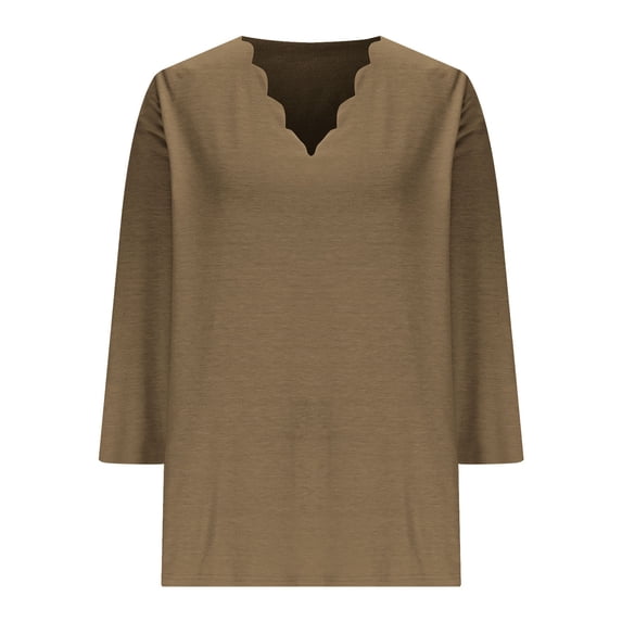 Womens V Neck T-Shirt 3/4 Sleeve Tops Dressy Casual Loose Fitting Shirts, Summer Vacation Pullover Blouses Trendy Clothes Coffee XXL