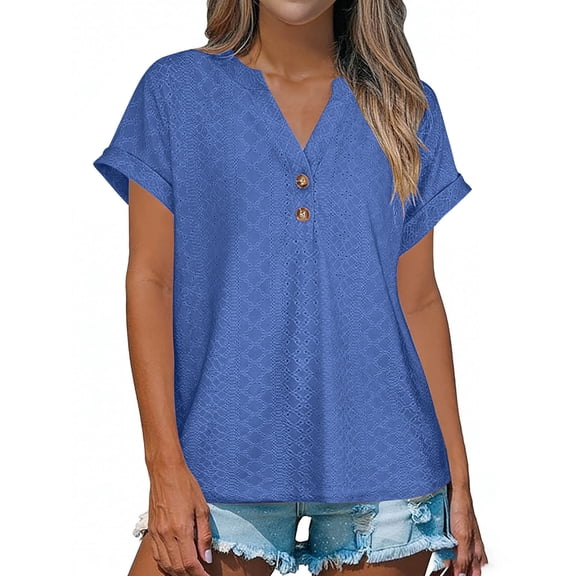 Womens V Neck T Shirt, Short Sleeve Shirts for Women Summer Casual Loose Fit Solid Color Button Up T-Shirts