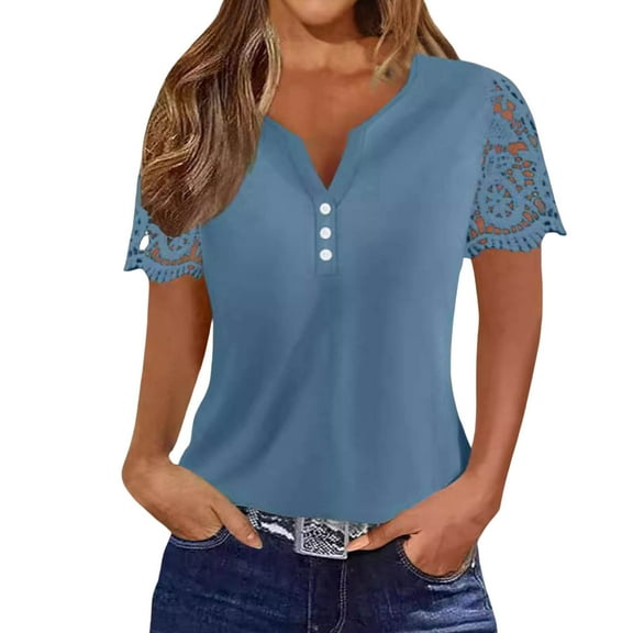 Womens V-Neck T-Shirts Hallow Out Lace Short Sleeve Dressy Tees with Button Casual Loose Solid Fashion Basic Tops