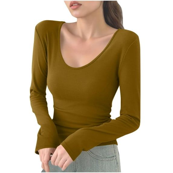 Womens V Neck T Shirts, Long Sleeve Shirts for Women Fall Casual Solid Color Slimming Fit Basic Tees T-Shirts S-XL