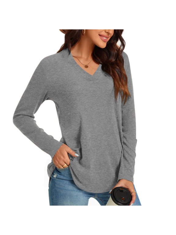 Womens V Neck T Shirts, Long Sleeve Shirts for Women Fall Casual Vintage Loose Fit Solid Color Crewneck Tees Workout Tops S-2XL