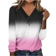 thumbnail image 1 of Womens V Neck T Shirts, Long Sleeve Shirts for Women Fall Fashion Loose Fit Ombre Tie Dye Dressy Blouses T-Shirts with Oblique Buttons S-2XL, 1 of 6
