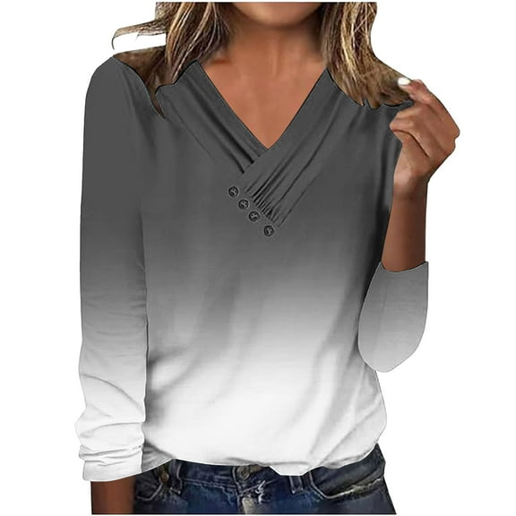 Womens V Neck T Shirts, Long Sleeve Shirts for Women Fall Fashion Loose Fit Ombre Tie Dye Dressy Blouses T-Shirts with Oblique Buttons S-2XL