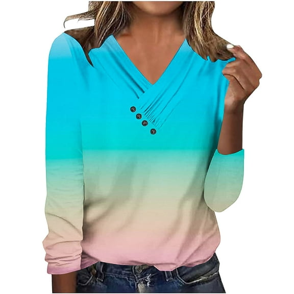 Womens V Neck T Shirts, Long Sleeve Shirts for Women Fall Fashion Loose Fit Ombre Tie Dye Dressy Blouses T-Shirts with Oblique Buttons S-2XL