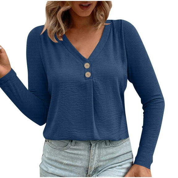 Womens V Neck T Shirts, Long Sleeve Shirts for Women Summer Casual Vintage Solid Color Button Up Tees Tops S-3XL