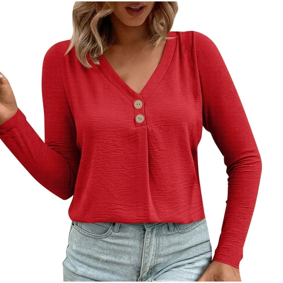 Womens V Neck T Shirts, Long Sleeve Shirts for Women Summer Casual Vintage Solid Color Button Up Tees Tops S-3XL