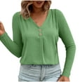 thumbnail image 1 of Womens V Neck T Shirts, Long Sleeve Shirts for Women Summer Casual Vintage Solid Color Button Up Tees Tops S-3XL, 1 of 5