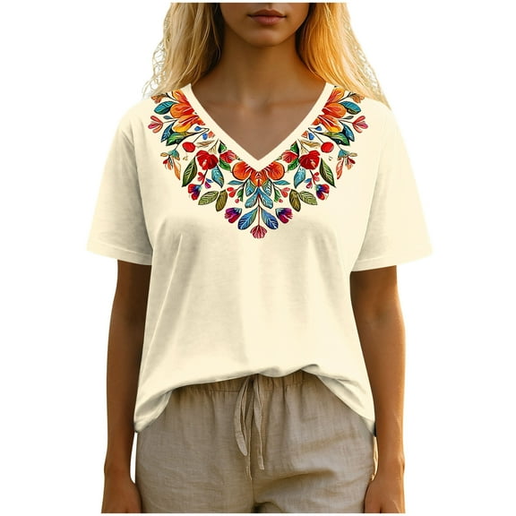 Womens V Neck T-Shirts Loose Fit Short Sleeve Flower Print Boho Tops Casual Summer Tee Tshirts (2XL, Khaki)