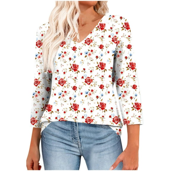 Womens V Neck T-Shirts Loose Fit Summer Fall Casual Tops 3/4 Length Sleeve Graphic Tee Plus Size Tshirts (3XL, Red)