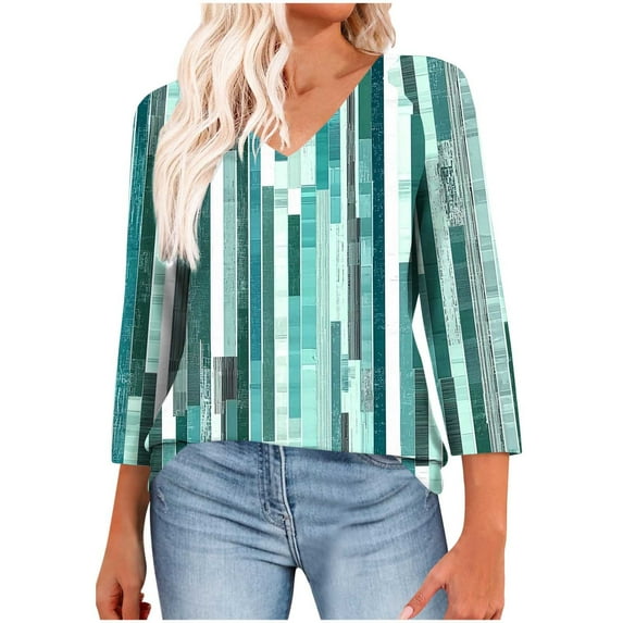 Womens V Neck T-Shirts Loose Fit Summer Fall Casual Tops 3/4 Length Sleeve Graphic Tee Plus Size Tshirts (M, Green)