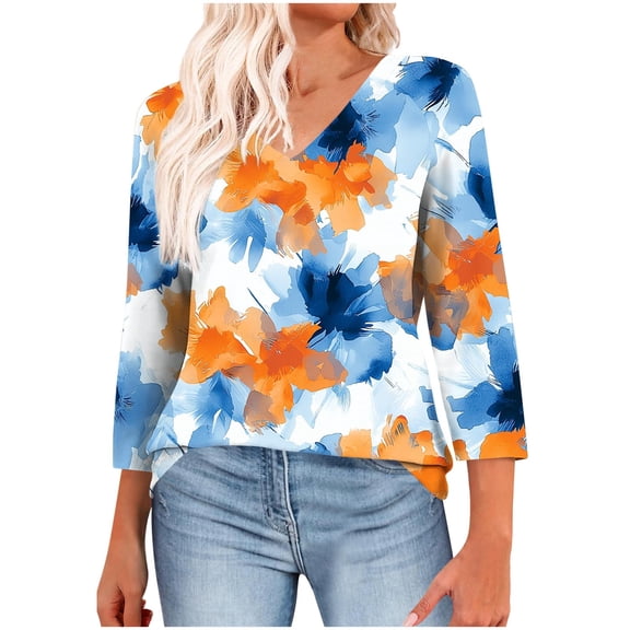 Womens V Neck T-Shirts Loose Fit Summer Fall Casual Tops 3/4 Length Sleeve Graphic Tee Plus Size Tshirts (XL, Multicolor)