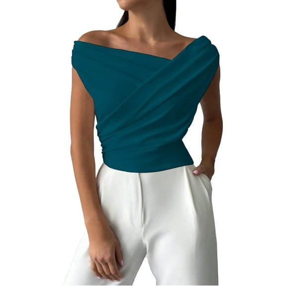 Womens V Neck T Shirts, Off Shoulder Tops for Women Summer Casual Vintage Solid Color Sleeveless Shirts S-2XL