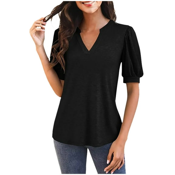 Womens V Neck T Shirts Puff Short Sleeve Tee Cotton Solid Tunic Blouse Loose Fitted Tops Dressy Blouses Summer Oversize Top 2025