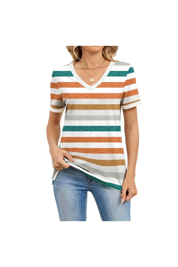 Womens V Neck T-Shirts Short Sleeve Ruched Buttons Striped Print Tops Dressy Casual Business Blouses 2026 Summer Tees Ruched Top