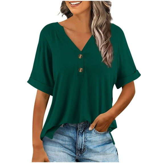 Womens V Neck T Shirts, Short Sleeve Shirts for Women Summer Casual Loose Fit Solid Color Button Up Dressy Blouses