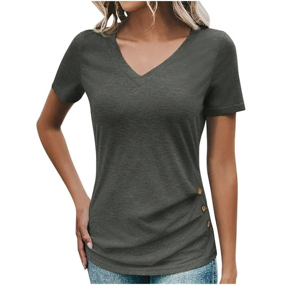 Womens V Neck T Shirts, Short Sleeve Shirts for Women Summer Casual Vintage Solid Color Slim Fit Ribbed Tees Tops S-XL