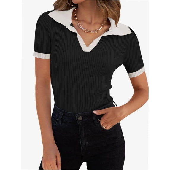 Womens V Neck T Shirts Short Sleeve Slim Fit POLO Tops Solid Color Trendy Summer Basic Tee T-Shirts