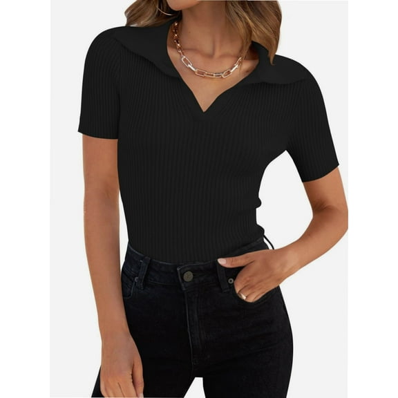 Womens V Neck T Shirts Short Sleeve Slim Fit POLO Tops Solid Color Trendy Summer Basic Tee T-Shirts